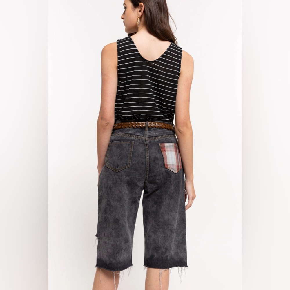 Black Washed Denim Bermuda Shorts with Plaid Pocket